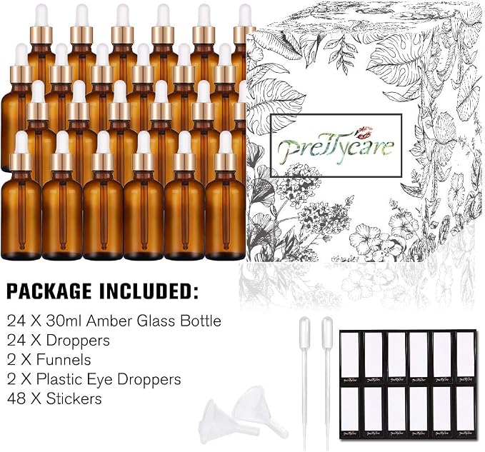 PrettyCare 1oz Glass Dropper Bottle Set of 24, Thick Amber Empty Bottles with Leakproof Golden Caps, Labels, Funnels - 30ml Eye Dropper Bottles for Storage, Essential Oils, Tincture
