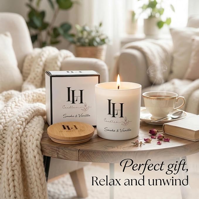 LH Smoke and Vanilla Scented Candle - Soy Wax Natural Candle - Relaxing Gifts for Women - Long Lasting Tobacco Vanilla Bean and Sandalwood Highly Scented Candles for Home Decor