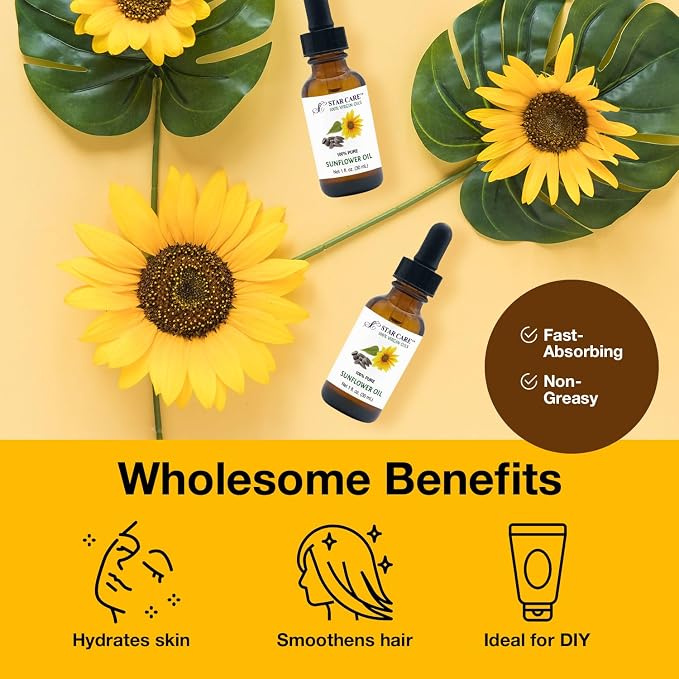 100% Pure High Oleic Sunflower Oil for Skin & Hair, Premium Carrier Oil for Massage, DIY Soap Making & Scalp Care Non-Greasy Fast Absorbing - 1 fl oz (30ml)