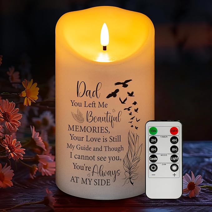 Flameless Memorial Candle, Real Wax LED Light with 10-Key Remote Sympathy Gift Bereavement Gifts for Loss of Loved One Memorial Gifts for Loss of Father Remembrance Gifts (4" x 7")