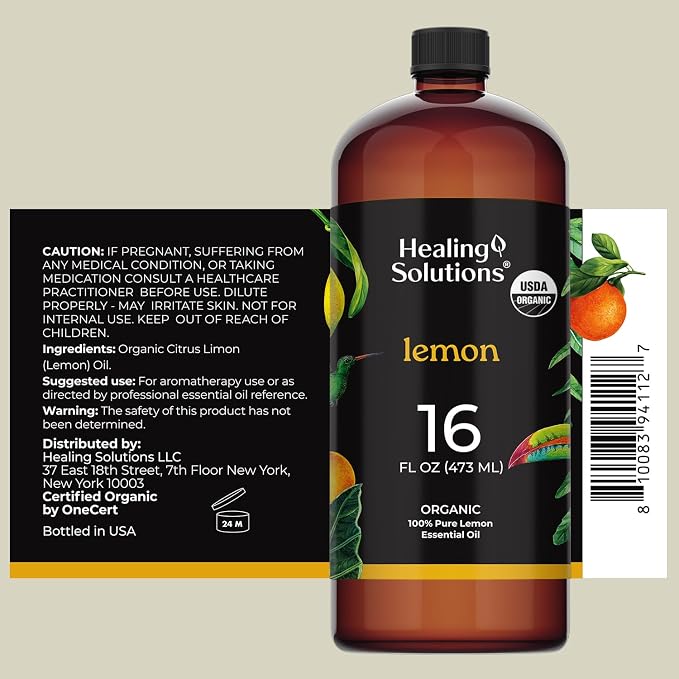 Healing Solutions Organic Lemon Essential Oil Bulk, 16 oz - Diffuser Oil, for Candle Making, for Household Cleaning - Large Bottle