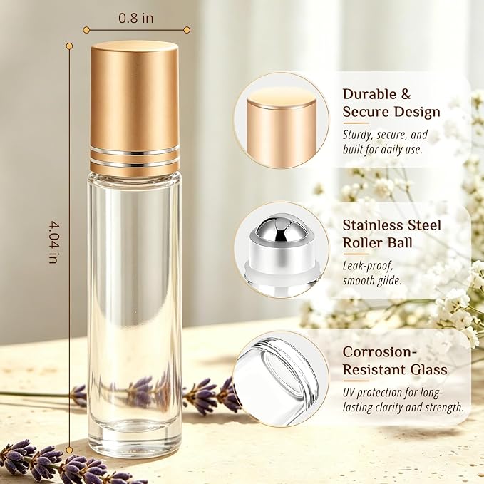 PrettyCare 4 Pack, 10 ml Essential Oil Roller Bottles with Stainless Steel Roller Ball - Refillable Leak-proof Empty Thick Clear Glass Roll on Bottles with Metal Caps for Travel, Perfume