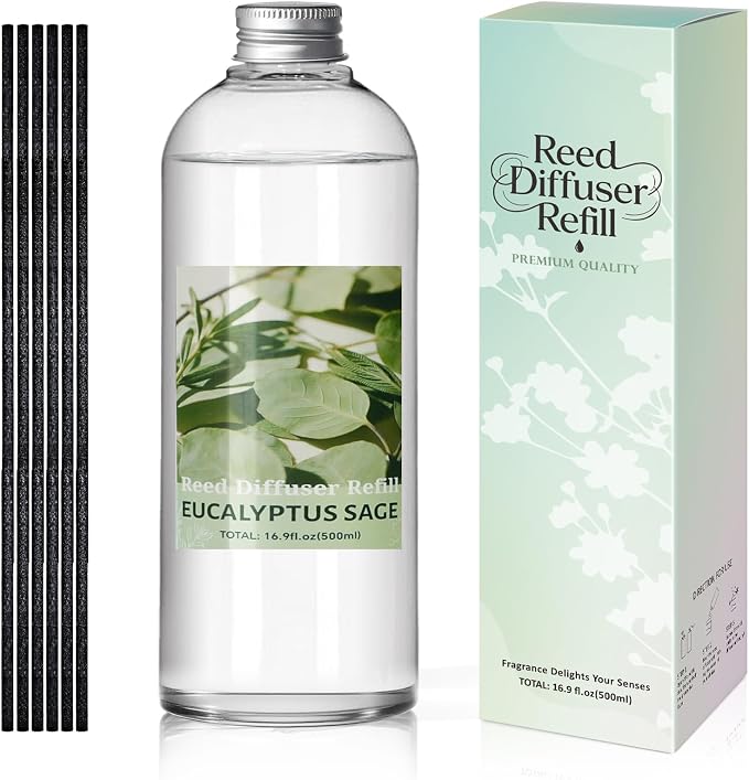 STRN Reed Diffuser Refill, Eucalyptus and Sage Scent Diffuser 500ml | 16.9 oz with 6 Reed Sticks, Room Fresheners for Home, Long-Lasting Summer Fragrance for Living Room, Bedroom, Office