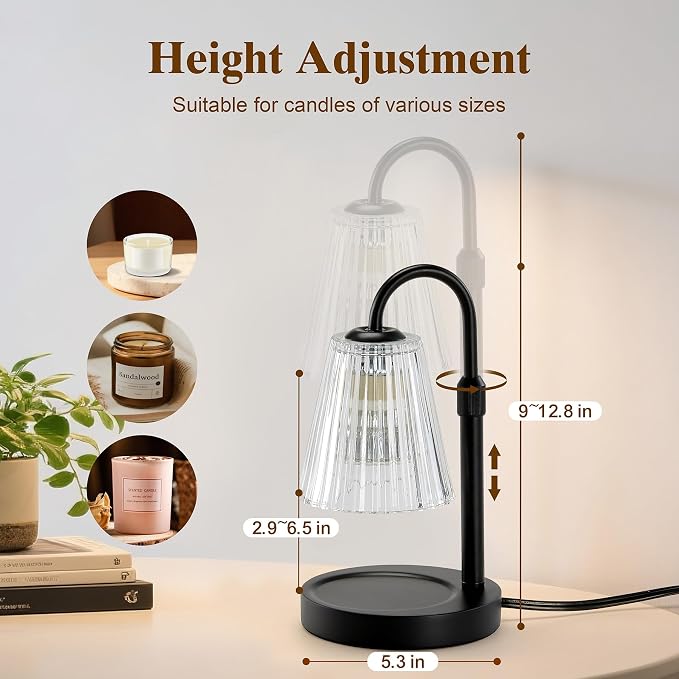 Briever Electric Candle Warmer Lamp with Timer Dimmer, Adjustable Height Wax Melter Warmer for Jar Candles, House Warming Gifts for New Home Decor, Birthday Gifts for Women, Black Wooden Base