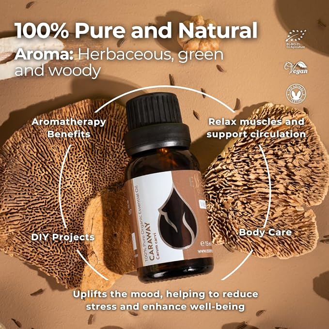 Essences Bulgaria Organic Caraway Essential Oil 0.51 Fl Oz 15ml Carum carvi 100% Pure and Natural Undiluted Therapeutic Grade Aromatherapy Diffuser Oil Muscle Relaxing Massage Oil Candle Making