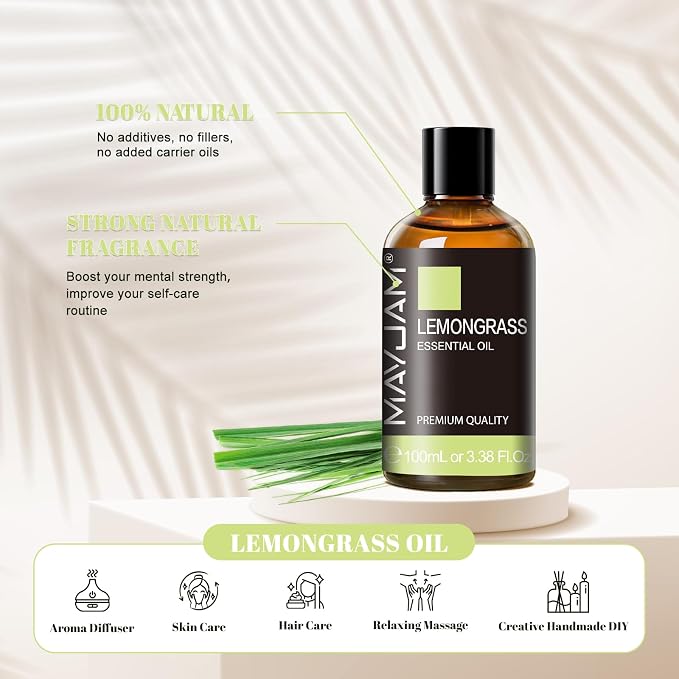 Lemongrass Essential Oil, 3.38fl.oz, MAYJAM Premium Essential Oils with Glass Dropper, Lemongrass Oil for Diffuser, Aromatherapy