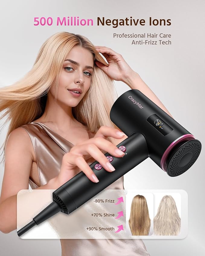 CrazyMar Hair Dryer,180000 RPM High-Speed Blow Dryer with Diffuser,500M Negative Ionic Hair Dryer for Fast Drying, Smart Temperature Control,Low Noise,Lightweight Travel Hair Dryer for Women & Men