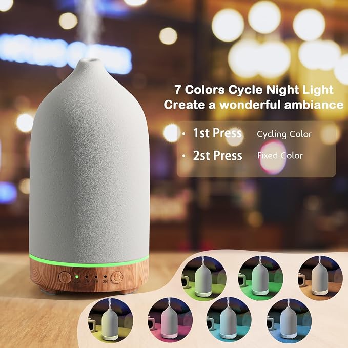 Diffuserlove Ceramic Essential Oil Diffuser 160ML Aromatherapy Diffuser for Home Bedroom Room Cool Mist Humidifier Stone Air Diffusers with Yellow Wood Pattern Base (Size:6.8" H x 3.6" W)