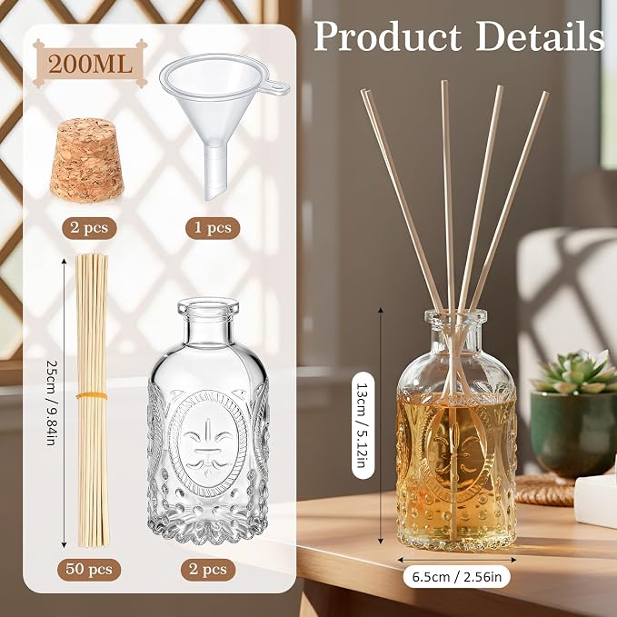 LemonRoad 2 Set Glass Reed Diffusers Bottles, Vintage Design Embossed Fleur Clear Diffuser Bottles with 50 Reeds Sticks, Cork Lids, Funnel, 200 ml 6.7 oz Empty Flower Bud Vases for DIY Fragrance