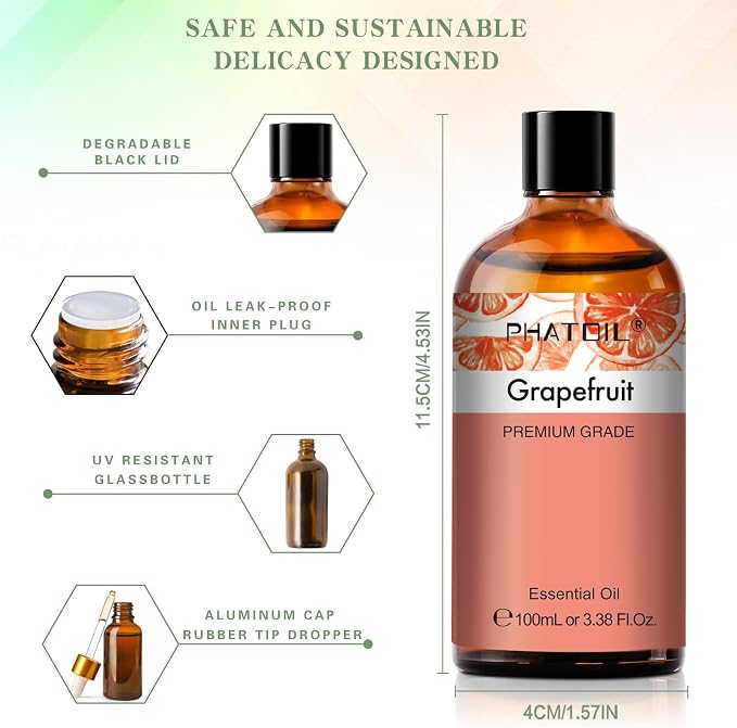 PHATOIL 3.38FL.OZ Grapefruit Essential Oil with Glass Dropper, for Aromatherapy Diffusers, Humidifiers, Great for DIY Candle and Soap Making, Huge 100ML Bottle
