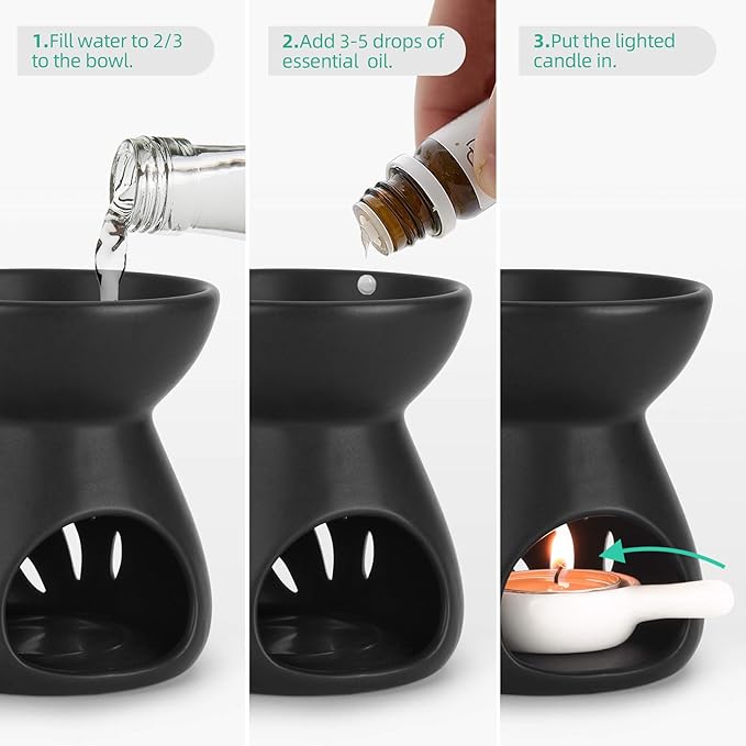 ComSaf Essential Oil Burner Wax Melt Burners Set of 1, Aromatherapy Aroma Burner Ceramic Oil Diffuser Candle Tealight Holder Home Bedroom Decor Christmas Housewarming Gift, Black