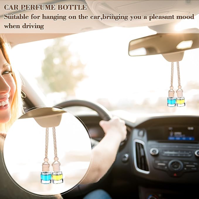 208Pcs 8ml Hanging Car Air Freshener Diffuser Cylindrical Empty Clear Glass Essential Diffuser Oil Aromatherapy Fragrance Perfume Pendant Glass Vial with Wooden Caps Hanging String Car Diffuser Bottle