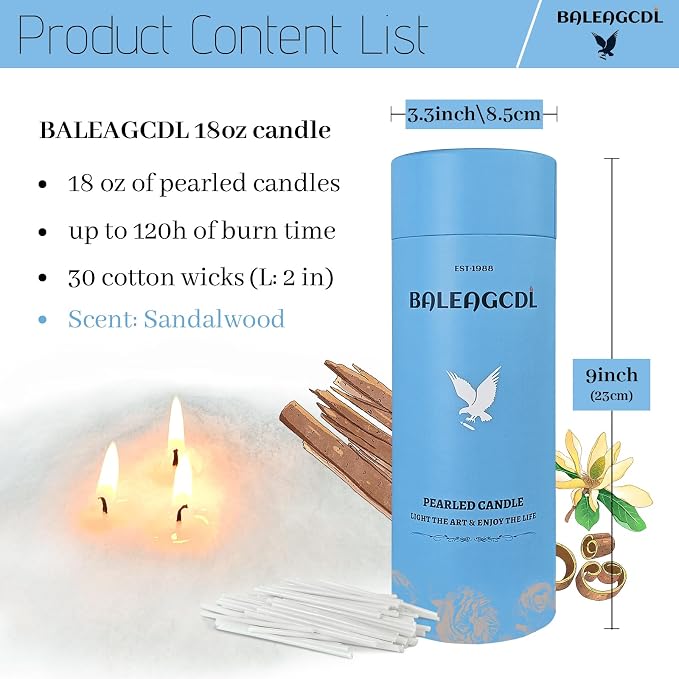 Zen Timber Pearled Candle 18 Oz with 30 Wicks - Sandalwood Scented Sand Candles White Refillable Wax Lasts Up to 120 Hours Smooth and Clean Burning for Candle Making DIY