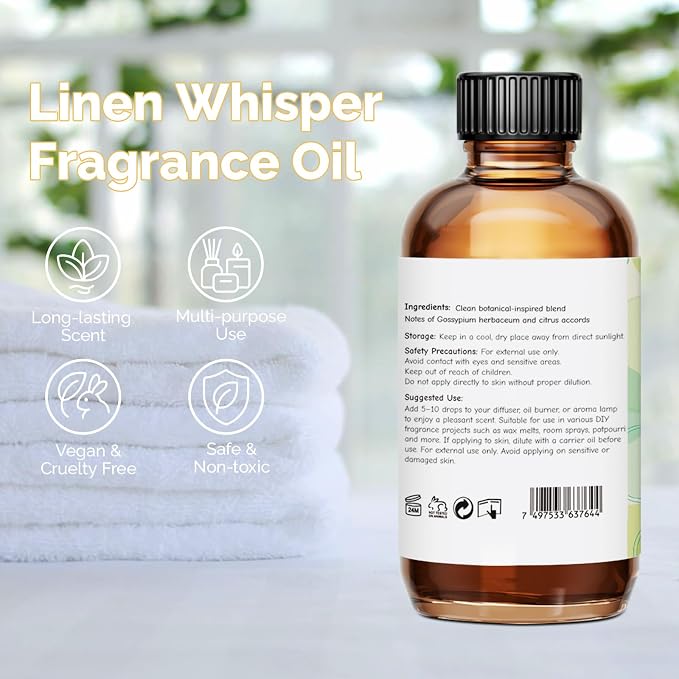 GM Gumili Linen Whisper Fragrance Oil 2 Oz, Natural Scent Oil for Home Essential Oils Diffuser, Candle Making, Soap Making, DIY Body Oils, Perfume, Body Mist, Spray - Fresh Linen Scent
