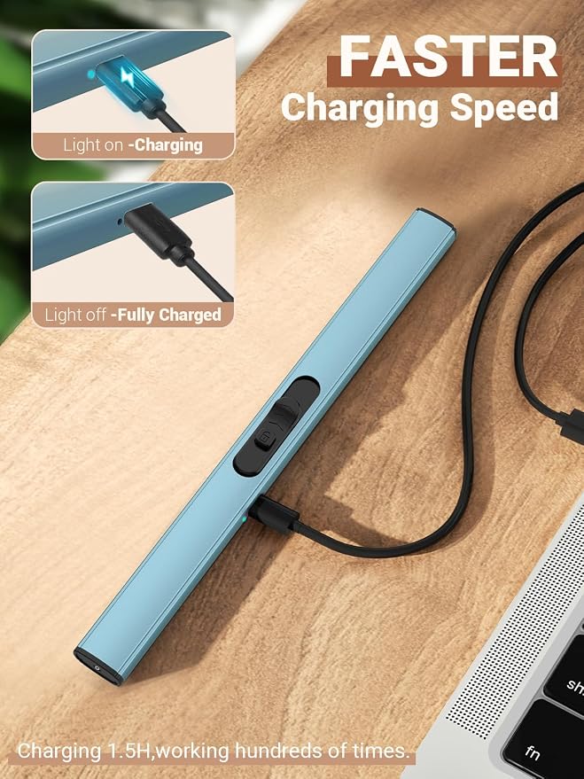 Candle Lighter Stocking Stuffers for Women Men, Electric Candle Lighter USB Rechargeable Graduation Gifts for Wife Girlfriend Safety Lock Long Lighters for Grill Kitchen BBQ Camping,Blue