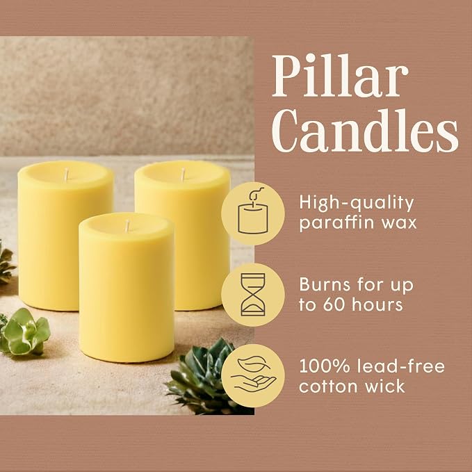 Mister Candle Dripless Unscented Yellow Pillar Candles, Set of 3 Hand Poured Solid Color Non-Scented Candles for Home Decor, Premium Wax, 60 Hr Burn Time - 3x4 Inch, Yellow