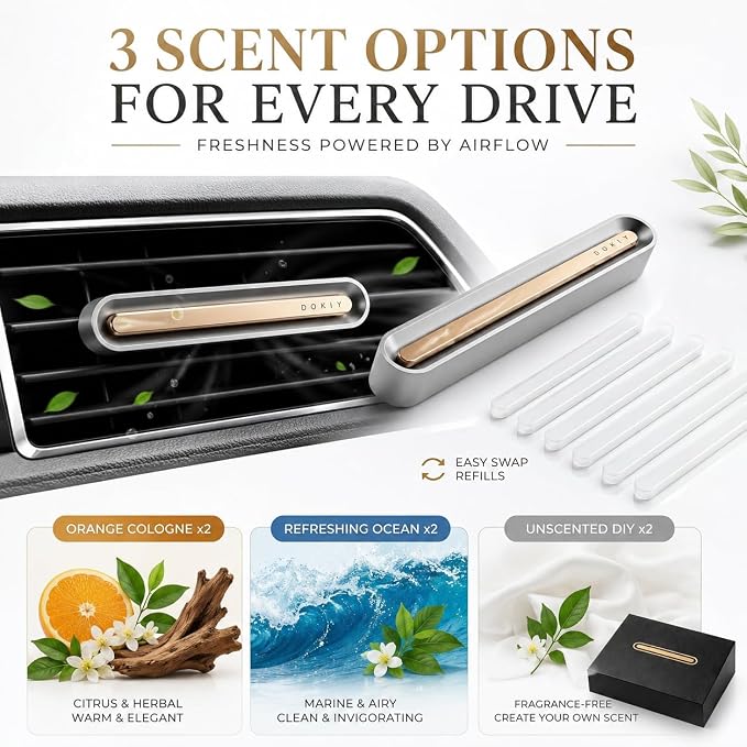 Slim Aviation Alloy Car Air Freshener, Universal Vent Clip Aroma Diffuser with 6 Refill Sticks - Orange Cologne & Ocean - Magnetic Metal Housing, Alcohol-Free Odor Neutralizer for All Standard Vents