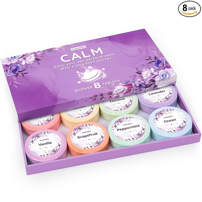 Shower Steamers 8 Pack Set Shower Bombs Tablets in Purple Box with 8 Fragrances with Shea Butter for Self-Care & Relaxation, Idea for Mothers Day Women and Men