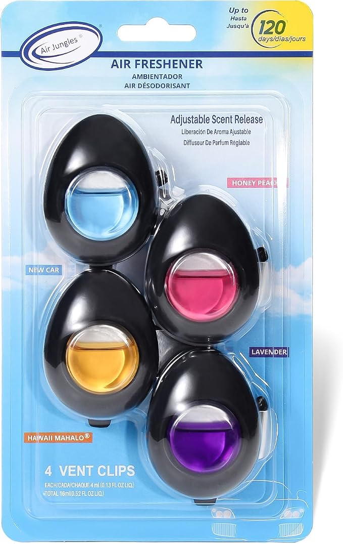 Air Jungles Car Air Freshener Vent Clip 4 Count, Variety Scent for Men and Women, Natural Fragrance with Essential Oil, Long-Lasting Car Odor Eliminator, Up to 120 Days