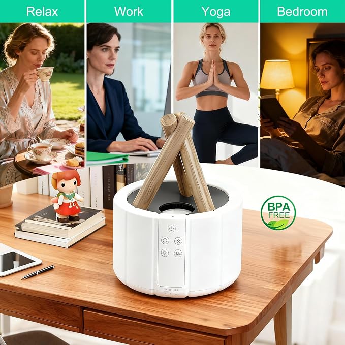 Campfire Flame Diffuser for Essential Oils, 250ml Ultrasonic Cool Mist Aromatherapy Humidifier with Remote Control, 7-Color LED Lights, Timer & Auto-Off for Home, Office & Bedroom (White)