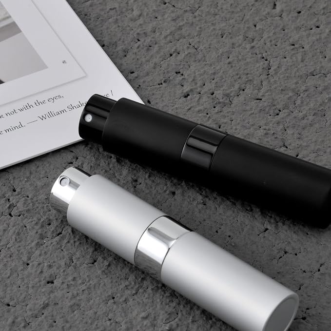 2 PCS/8ml Portable Mini Perfume Atomizer bottles, Empty Refillable Spray Bottle with 3 Types of Refill Tools, Pocket Travel Perfume Sample Bottles(Matte Black&Silver)