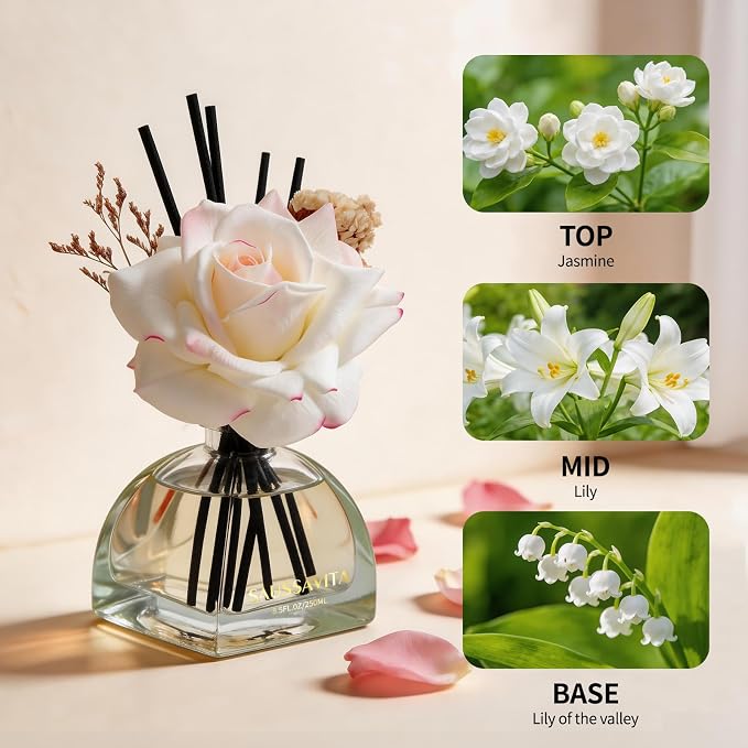 Reed Diffusers Set Jasmine&Lily Scented Diffuser for 140 Days, Flower Diffuser 8.5 fl oz with Dried Flowers and Decorative Rose, Long Lasting Home Fragrance Bathroom, Shelf, Office Decor