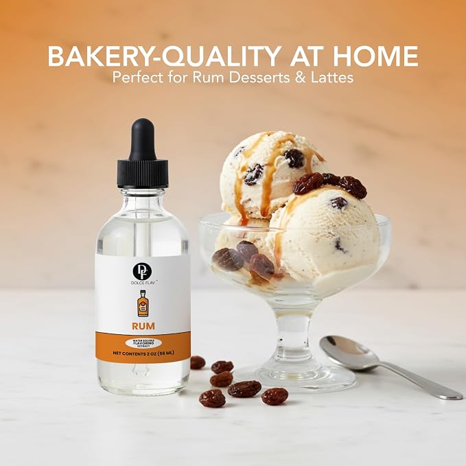 Dolce Flav Natural Rum Extract – 2 Ounce Water-Soluble Kosher, Sugar-Free, Concentrated Dark Rum Flavoring for Baking, Cocktails & Desserts, Includes Measured Dropper