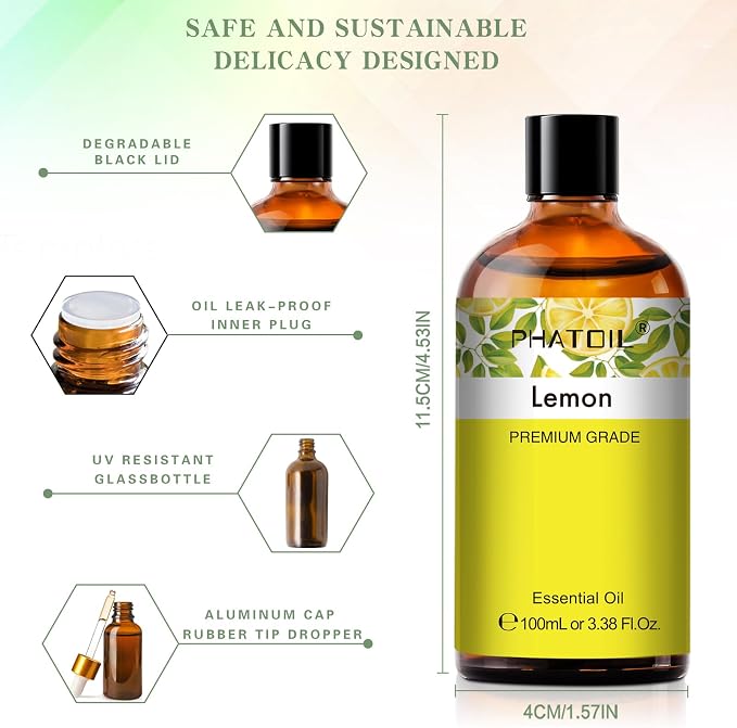 PHATOIL 3.38FL.Oz Lemon Essential Oil, for Aromatherapy Diffusers, Humidifiers, Great for DIY Candle and Soap Making, Gift for Friend