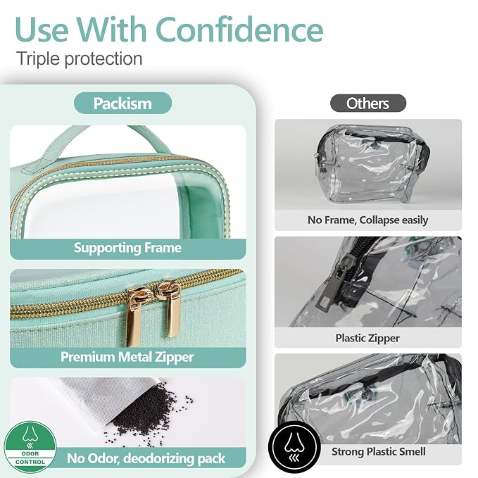 PACKISM Glitter Texture TSA Approved Toiletry Bag Set, Style Clear Makeup Bag with Handle, 1 TSA Medium & 1 Large for Travel, Gift for Women, Green