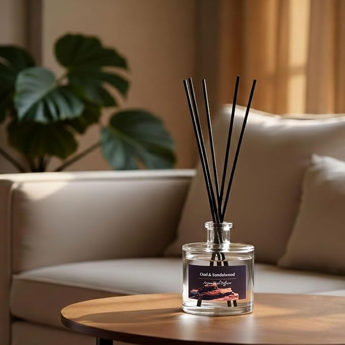 Reed Diffuser Set, Oud & Sandalwood 3.52 oz (100ml) Scented Diffuser with Sticks Home Fragrance Reed Diffuser for Bathroom Shelf Decor, Ideal Gift for Woman