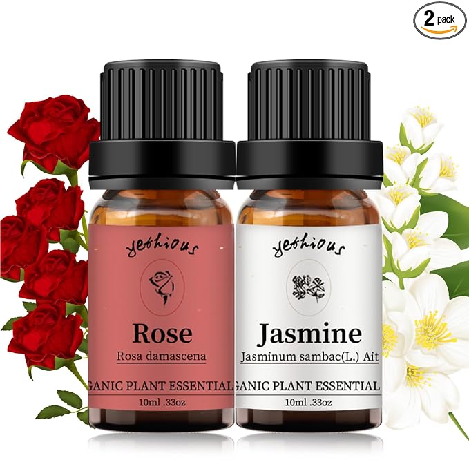 yethious Rose Essential Oil Jasmine Essential Oil for Diffuser, Hair, Skin, Body, Face, Perfume, Soap, Candle Making Rose Fragrance Oil Set Jasmine Oil Organic 2 X 10ML