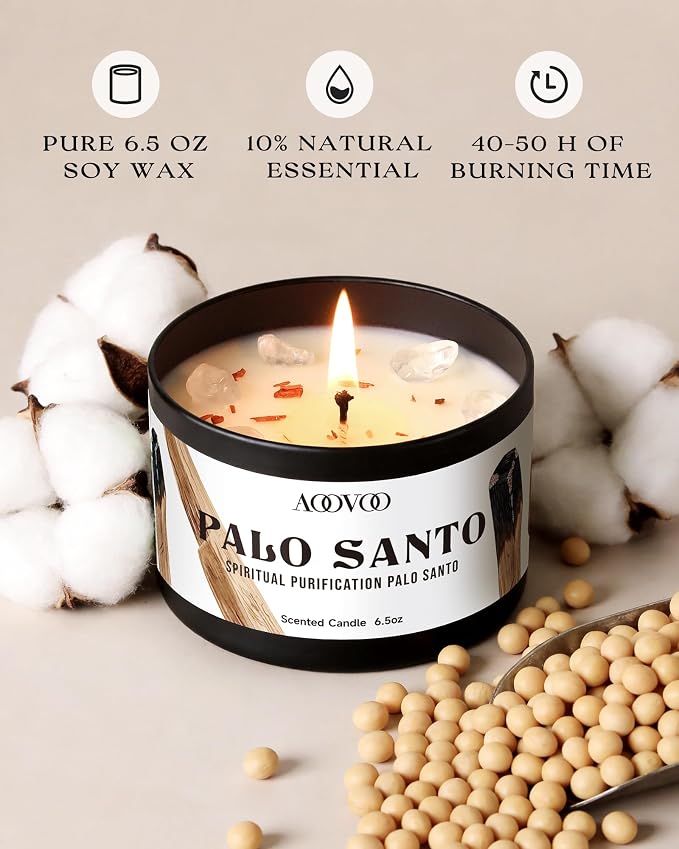 AOOVOO 2 Pack Palo Santo Candles – Cleansing Candle with Crystals & Palo Santo Wood Inside, 13oz 100 Hours Long Lasting, Non Toxic Candle for Spiritual House Energy Meditation Yoga