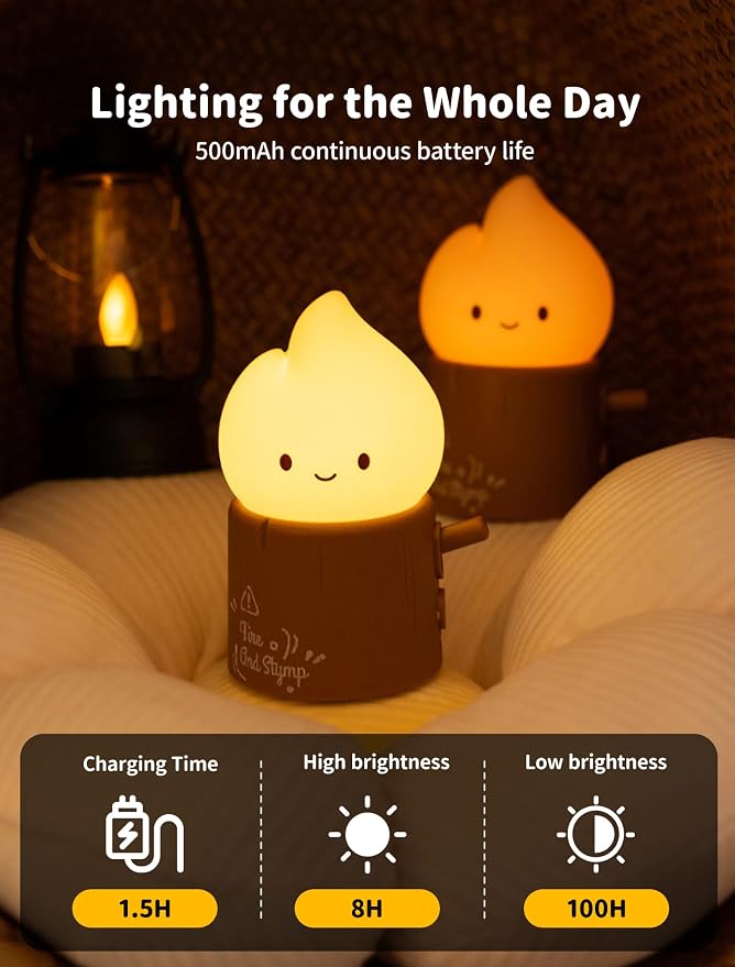 Stump Fire Night Light, Flameless Candles Lamp, Rechargeable Silicone Flame lamp, Portable Campfire Light, Cute Night Light for Bedroom, Outdoor, Camp, Funny Gifts for Kids Teens Adults