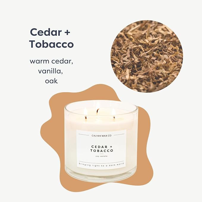 Calyan Wax Co. Cedar & Tobacco 3 Wick Scented Candle - 43 Hour Burn - Luxury 3 Wick Soy Candles - Clean Soy Wax Candles - Long Lasting Large Glass Jar Candle for Home - 14.9oz