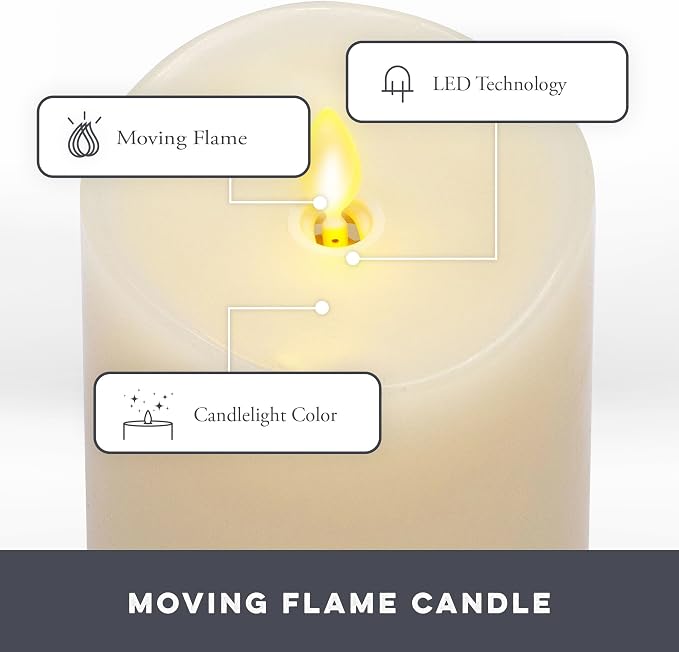 Matchless Candle Co. by Luminara Set of 3 Flameless LED Pillar Candles, Real Wax, Moving Flame (3x4.5, 3x5.5, 3x6.5 Inch, Unscented)