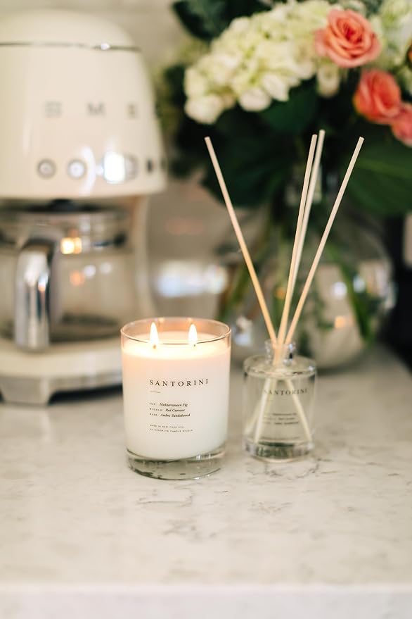 Brooklyn Candle Studio Reed Scent Diffuser - Santorini - Relaxing Oil Diffuser, Sandalwood & Amber Fragrance, 8 Rattan Diffuser Reeds, Clean Ingredients - 4.4oz