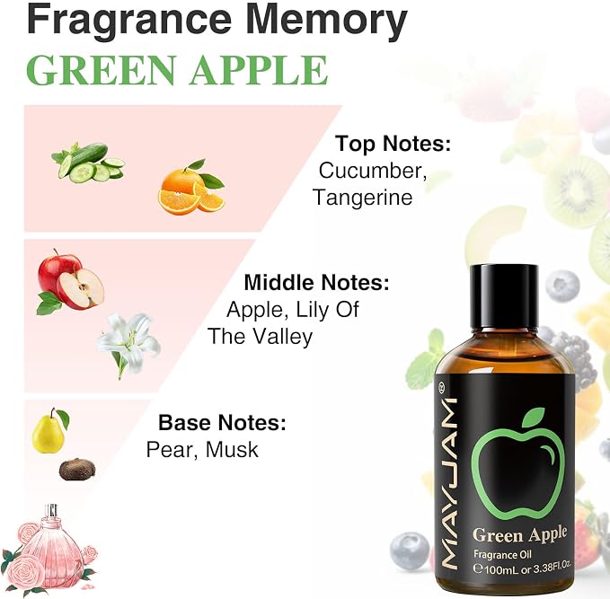 MAYJAM 3.38FL.OZ Green Apple Fragrance Oils with Glass Dropper, 100ML Essential Oils for Diffusers for Home, Long Lasting Scented Oils for Diffusers Soap Candle Making