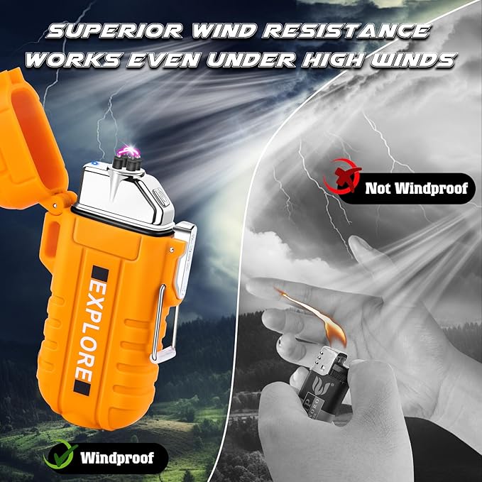 LcFun Electric Dual Arc Lighter USB Rechargeable Outdoor Windproof Flameless Plasma Lighters with Flashlight for Camping, Survival, Tactical (Orange)