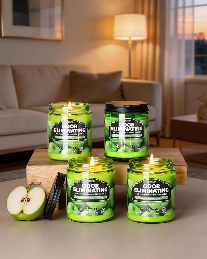 AOOVOO 4 Pack Green Apple Odor Eliminating Highly Fragranced Candle - Eliminates 95% of Pet, Smoke, Food, and Other Smells Quickly, Non Toxic Air Freshing Soy Candle