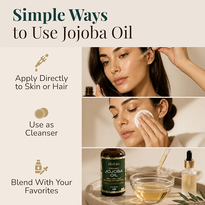 Ella & Eden Organic Jojoba Oil – USDA Certified, Cold-Pressed, 100% Pure & Unrefined, Hexane-Free Oil for Face, Skin, Hair & Nails – 4 Fl Oz Glass Bottle