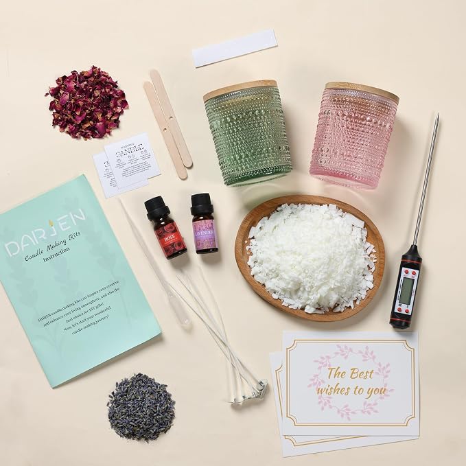 DARJEN Candle Making Kits for Beginners, DIY Starter Scented Candles Making Kit - 2 Glass Jars(Green, Pink), Soy Wax, Scented, Card & More, Full Soy Candle Making Supplies Set Perfect Gifts
