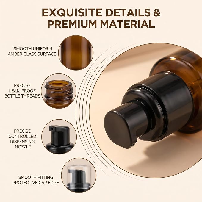 3 Pcs 30ml 1oz Amber Glass Travel Bottles Leakproof Cosmetic Cream Pump Bottle Dispenser Lotions Bottles Travel Containers Lotion Dispenser for Creams Foundation Shampoo Essential Oils