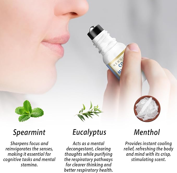Cool Menthol Migraine Roll on Stick Natural Fast Cooling Peppermint Eucalyptus Aromatherapy Essential Oil for Headache Perfect Selfcare Gift Men Women