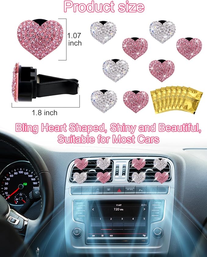 8Pcs PGRODE Car Air Vent Clips with Fragrance Pads, Cute Car Air Fresheners Clip Car Inter Decor Accessories for Women and Girls, Decorations Interior Aesthetic (Bling Heart)