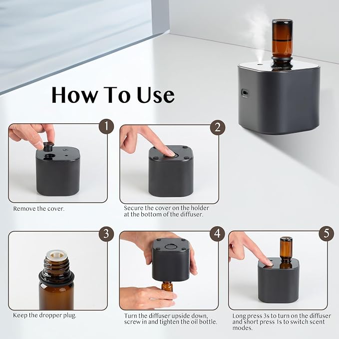 Waterless Essential Oil Diffuser, Portable Aroma Diffuser, Battery Operated, 3 Mist Modes, Aromatherapy Diffuser for Essential Oils, Cordless Scent Air Machine for Home, Office, Small Room, Black