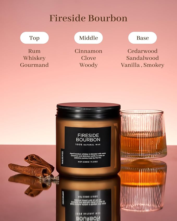 M&SENSE Fireside Bourbon Candles Home Scented, Non Toxic Soy Wax 11.6oz 70 Hours Long Clean Burning, 2 Wick Campfire Candle Cozy Winter Home Decor, Housewarming Gifts for Women Men
