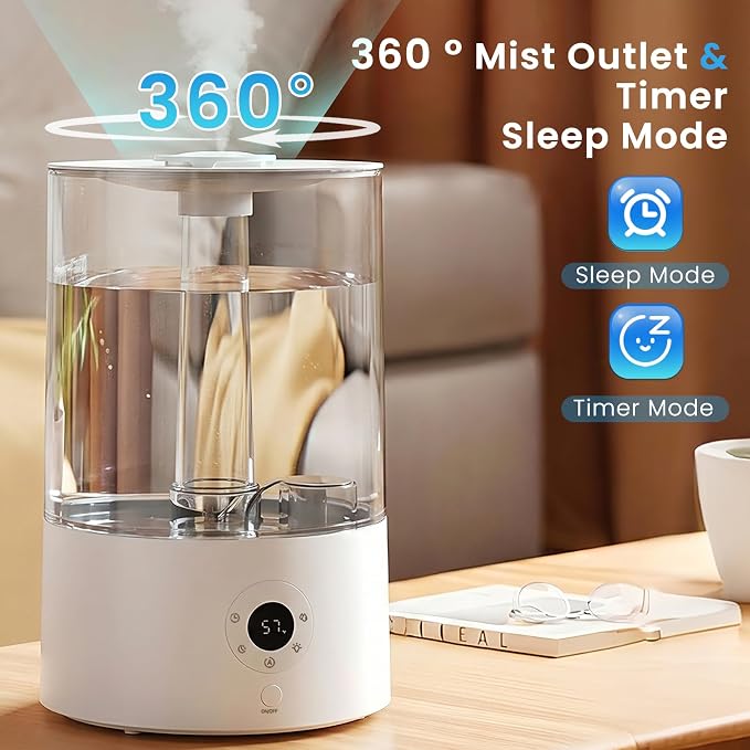 COWSAR Humidifier for Bedroom, 4L Top Fill Humidifier for Large Rooms, Easy Refill & Cleaning, Quiet 22dB, Baby Humidifier, Humidity Display, Up to 40H Runtime, Nightlight, Auto Shut-Off, White
