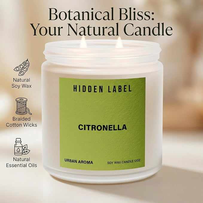 Hidden Label Citronella Candles Outdoor, 12oz 2-Wick, 50H Citrus Fresh | Non-Toxic Vegan Soy Wax | Citrus & Citronella Fresh Outdoor Scent | Even Melt No Tunneling | Patio Deck BBQ Indoor