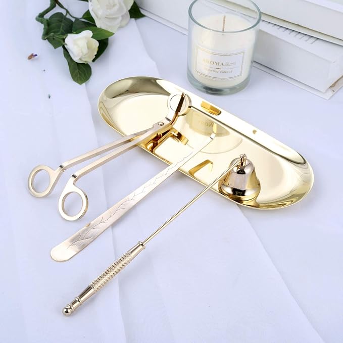 MUXSAM 4 in 1 Candle Accessory Set, Candle Wick Trimmer Candle Cutter, Candle Snuffer, Candle Wick Dipper, Storage Tray Plate, Candle Care Tools for Candle Lover, Thanksgiving, Christmas (Gold)