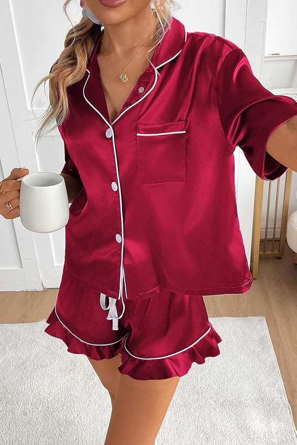 CHYRII Womens Silk Sleepwear Short Sleeve Ruffle Shorts Pajamas Sets Loungwear Burgundy XL